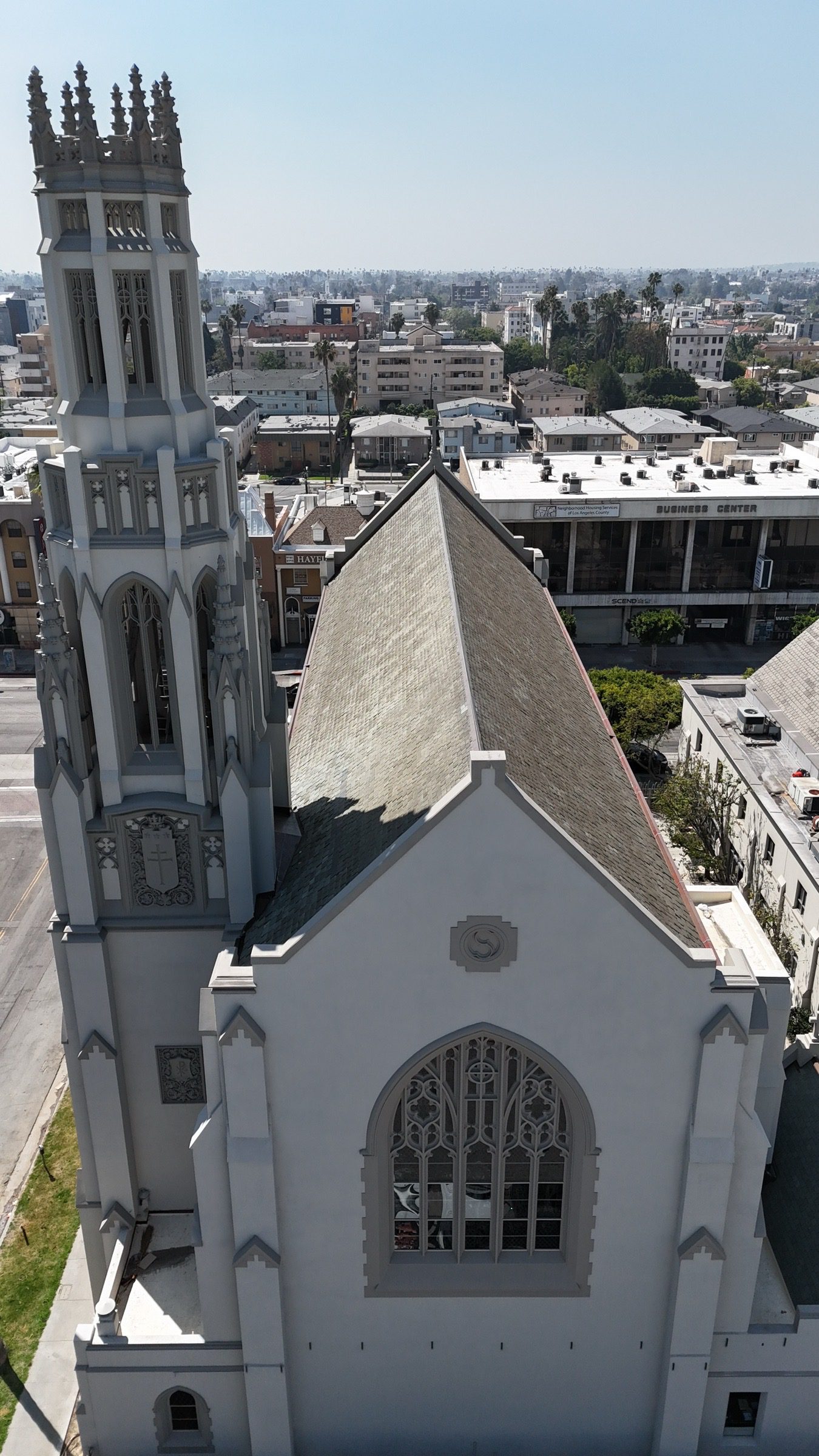 Aerial view of the St. James’ tower and church campus.